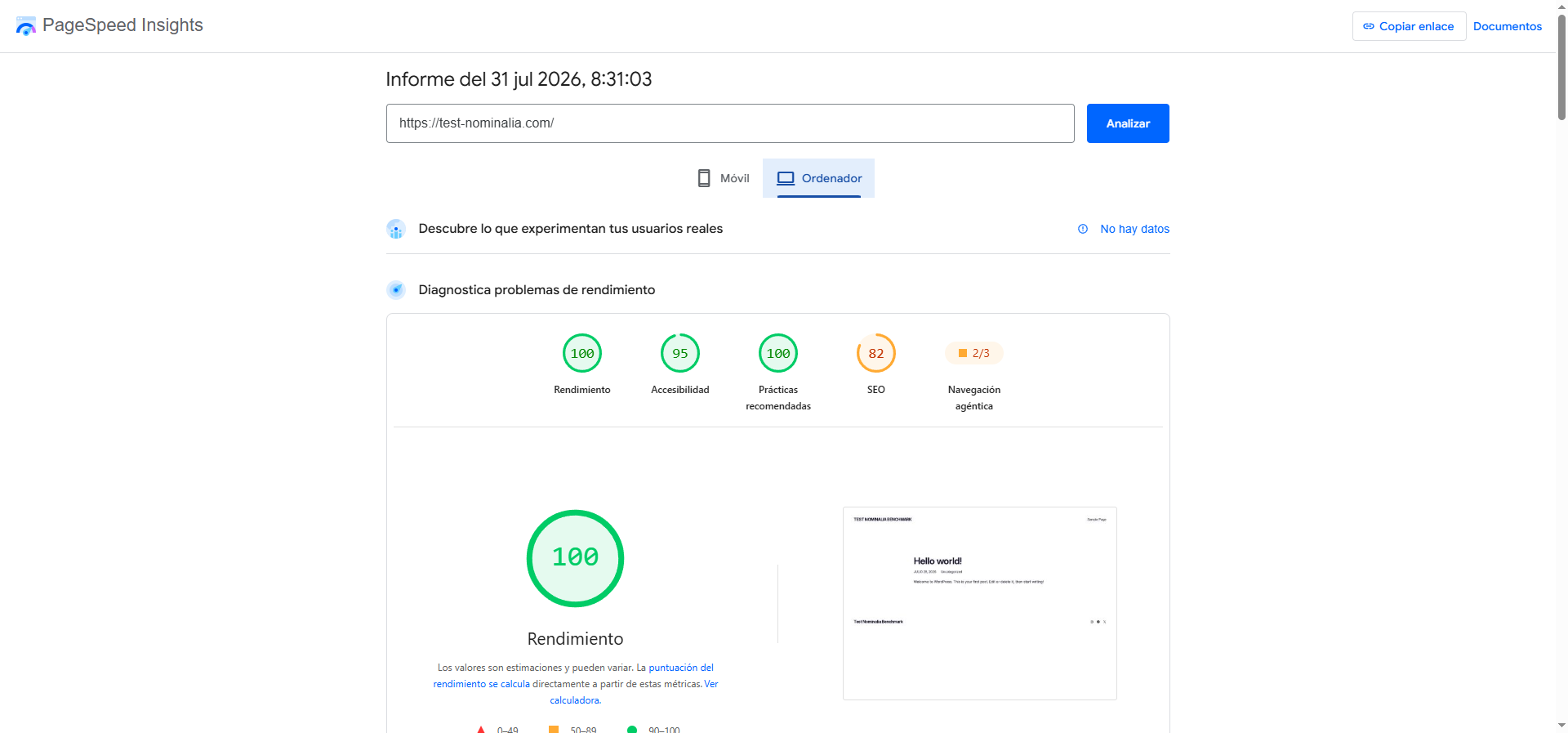 PageSpeed Insights escritorio de Nominalia: puntuación 100/100, test julio 2026