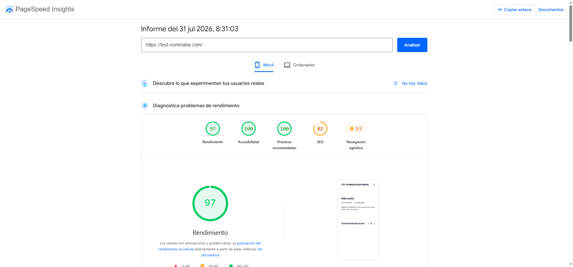 PageSpeed Insights móvil de Nominalia: puntuación 97/100, test julio 2026