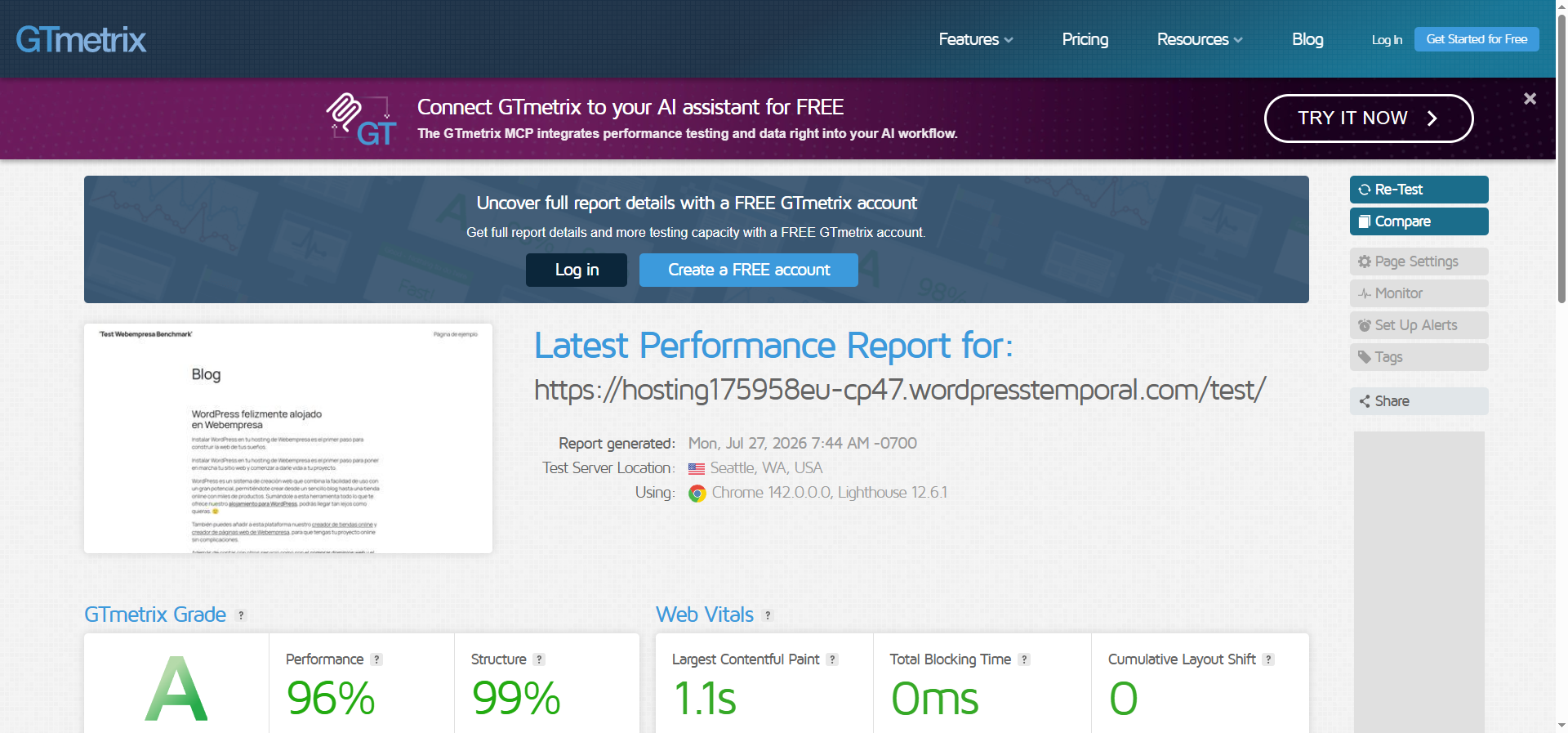 Resultado GTmetrix de Webempresa: nota A, rendimiento 100/100, test julio 2026