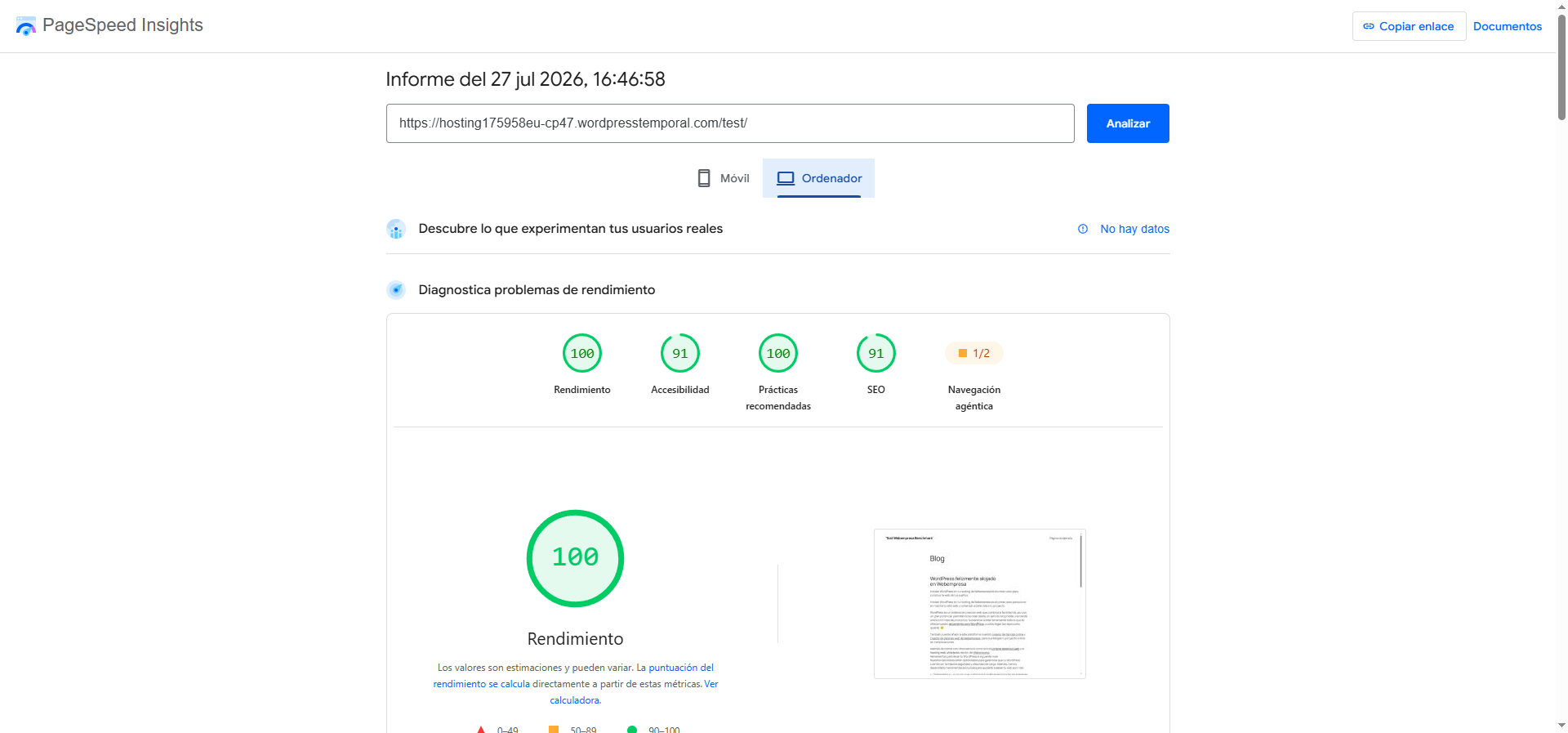 PageSpeed Insights escritorio de Webempresa: puntuación 100/100, test julio 2026