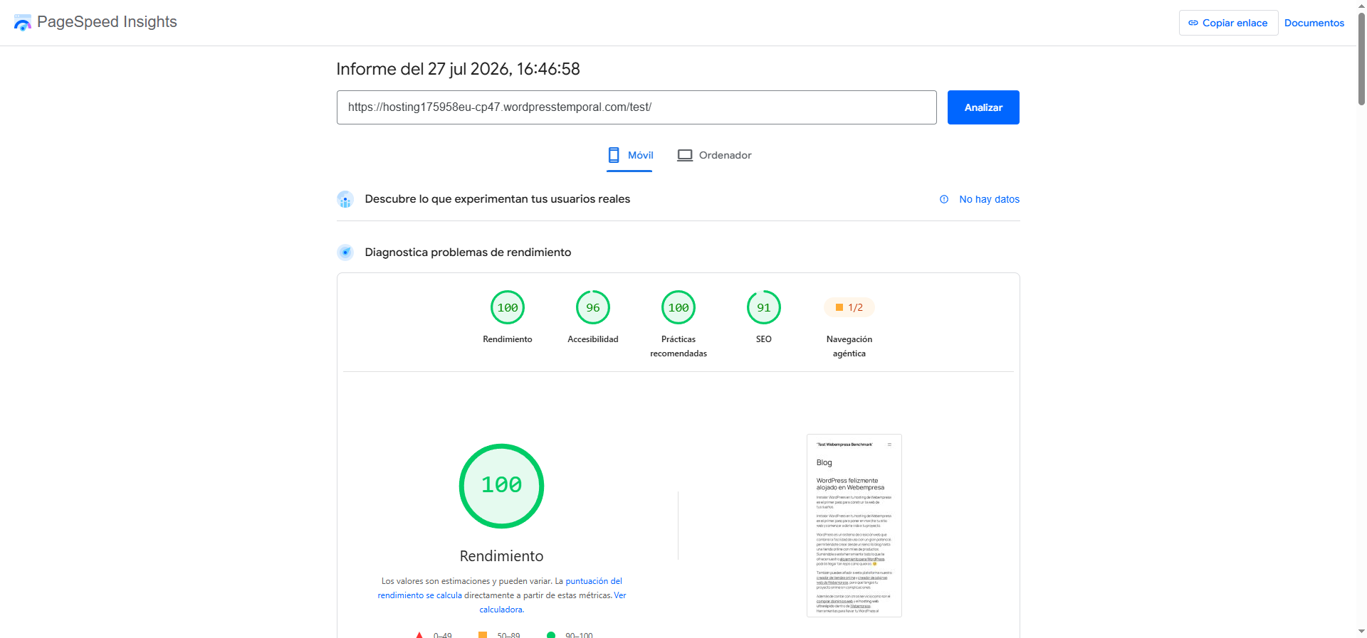 PageSpeed Insights móvil de Webempresa: puntuación 100/100, test julio 2026
